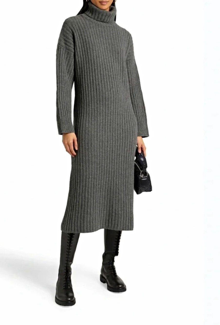 Mara Hoffman Enzo Recycled Cashmere Wool Ribbed Turtleneck Midi Dress Gray